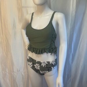 NWOT SHEIN Olive Sage Green Floral Bikini Set Three Piece with Swim Shorts